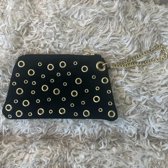 Black Suede Wristlet/Clutch with Gold Grommets and Wrist Chain - Picture 1 of 2
